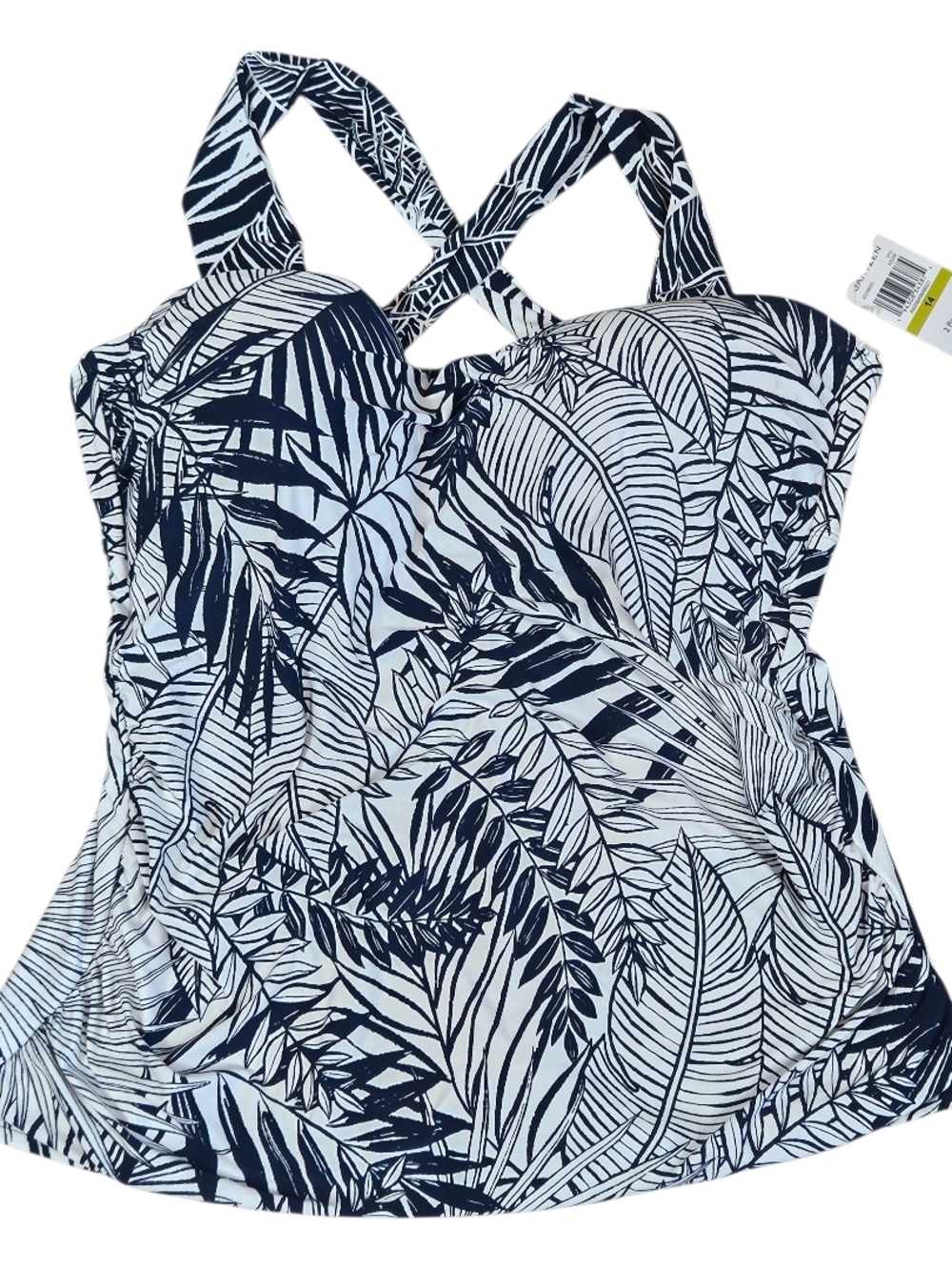 Jantzen Navy and White Leaf-Print Tankini Swim Top